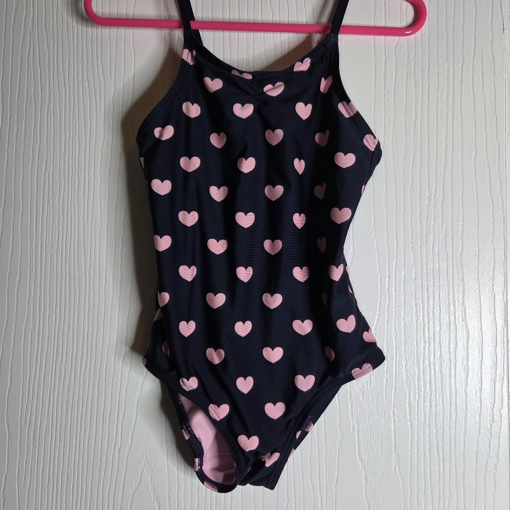 H&M Toddler One Piece Swimsuit, Navy Blue With Pink Hearts-Size US 2-4yr